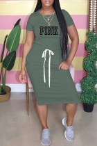 Green Casual Print Letter O Neck One Step Skirt Dresses