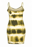 Yellow Sexy Casual Tie Dye Patchwork Backless Spaghetti Strap Sling Dress Plus Size Dresses