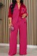 Rose Red Casual Print Letter Turndown Collar Long Sleeve Two Pieces