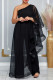 Black Casual Daily Elegant Patchwork Solid Color One Shoulder Regular Jumpsuits