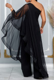 Black Casual Daily Elegant Patchwork Solid Color One Shoulder Regular Jumpsuits