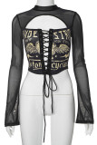 Black Casual Print Hollowed Out Patchwork Cross Straps O Neck Tops