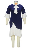 Deep Blue Elegant Bandage Patchwork O Neck Irregular Dress Plus Size Dresses