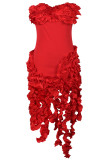 Rose Red Elegant Solid Patchwork Stringy Selvedge Strapless Strapless Dress Dresses