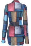 Colour Street Print Patchwork Buckle Shirt Collar Shirt Dress Dresses