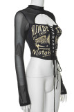 Black Casual Print Hollowed Out Patchwork Cross Straps O Neck Tops