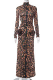 Brown Casual Leopard Patchwork Half A Turtleneck Printed Dress Dresses