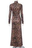 Brown Casual Leopard Patchwork Half A Turtleneck Printed Dress Dresses