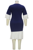 Deep Blue Elegant Bandage Patchwork O Neck Irregular Dress Plus Size Dresses