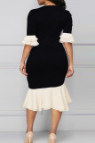 Black Elegant Bandage Patchwork O Neck Irregular Dress Plus Size Dresses