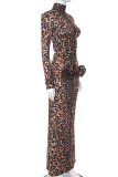 Brown Casual Leopard Patchwork Half A Turtleneck Printed Dress Dresses