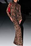 Brown Casual Leopard Patchwork Half A Turtleneck Printed Dress Dresses
