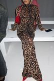 Brown Casual Leopard Patchwork Half A Turtleneck Printed Dress Dresses