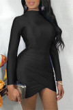 Black Fashion Casual Solid Asymmetrical O Neck Long Sleeve Dresses