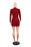 Burgundy Fashion Casual Solid Asymmetrical O Neck Long Sleeve Dresses