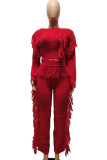 Red Casual Solid Tassel Patchwork O Neck Long Sleeve Two Pieces