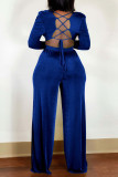 Blue Sexy Celebrities Solid Patchwork Cross Straps Fold V Neck Long Sleeve Two Pieces