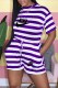 Purple Casual Striped Print Letter O Neck Rompers