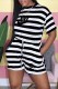 Black Casual Striped Print Letter O Neck Rompers