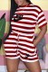 Deep Red Casual Striped Print Letter O Neck Rompers