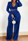 Blue Sexy Celebrities Solid Patchwork Cross Straps Fold V Neck Long Sleeve Two Pieces