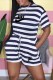 Dark Blue Casual Striped Print Letter O Neck Rompers