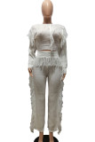 White Casual Solid Tassel Patchwork O Neck Long Sleeve Two Pieces