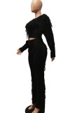 Black Casual Solid Tassel Patchwork O Neck Long Sleeve Two Pieces