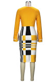 Yellow Elegant Plaid Color Block Patchwork Zipper O Neck Pencil Skirt Dresses