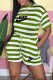Green Casual Striped Print Letter O Neck Rompers