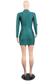 Green Fashion Casual Solid Asymmetrical O Neck Long Sleeve Dresses