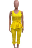 Yellow Street Solid Bandage Hollowed Out Patchwork V Neck Sleeveless Two Pieces