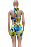 Yellow Sexy Casual Color Block Hollowed Out Patchwork Halter Sheath Dresses