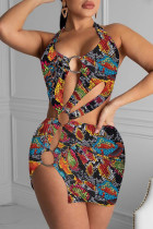 Snake Print Sexy Casual Color Block Hollowed Out Patchwork Halter Sheath Dresses