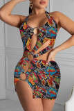 Colour Sexy Casual Color Block Hollowed Out Patchwork Halter Sheath Dresses