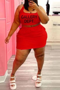 Red Street Print Letter U Neck A Line Plus Size Two Pieces