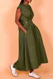 Army Green Street Solid Patchwork Pocket Buttons O Neck A Line Dresses