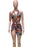 Snake Print Sexy Casual Color Block Hollowed Out Patchwork Halter Sheath Dresses