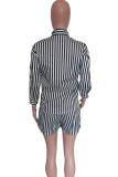 Black Sweet Striped Patchwork Pocket Buckle Shirt Collar Three Quarter Two Pieces