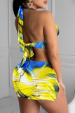 Yellow Sexy Casual Color Block Hollowed Out Patchwork Halter Sheath Dresses