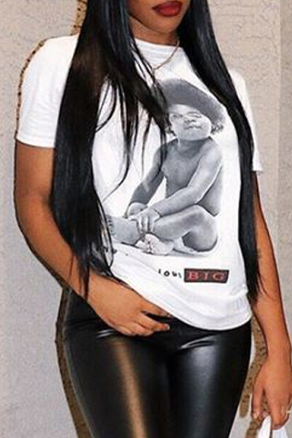 White Casual Street Figure Print Letter O Neck T-Shirts