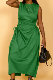 Army Green Elegant Solid Hollowed Out Patchwork Draw String High Opening Fold O Neck Long Dress Dresses