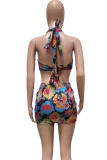Snake Print Sexy Casual Color Block Hollowed Out Patchwork Halter Sheath Dresses