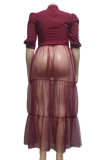 Burgundy Elegant Solid Bandage Patchwork Buckle Mesh Turndown Collar Long Dress Plus Size Dresses