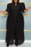 Black Elegant Solid Bandage Patchwork Buckle Mesh Turndown Collar Long Dress Plus Size Dresses