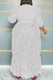 White Vintage Bandage Patchwork Buckle Pearl Mesh Turndown Collar A Line Plus Size Dresses