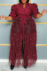 Burgundy Vintage Bandage Patchwork Buckle Pearl Mesh Turndown Collar A Line Plus Size Dresses