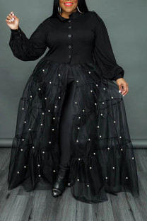 Black Elegant Patchwork Buckle Pearl Mesh Turndown Collar Long Dress Plus Size Dresses