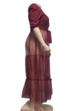 Burgundy Elegant Solid Bandage Patchwork Buckle Mesh Turndown Collar Long Dress Plus Size Dresses