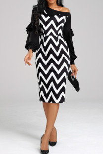 Black And White Sexy Elegant Striped Patchwork Slit Oblique Collar Princess Dresses